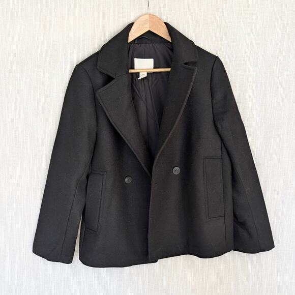 H&M HM Black Double-Breasted Short Peasant's Twill Jacket Pea Coat, size M - Picture 1 of 7